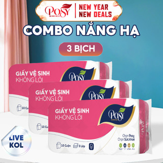   Live Kol-Combo Nắng Hạ  3 Bịch Giấy Vệ Sinh Posy 10 Cuộn 3 Lớp Mềm Mịn Dễ Tan Trong Nước 