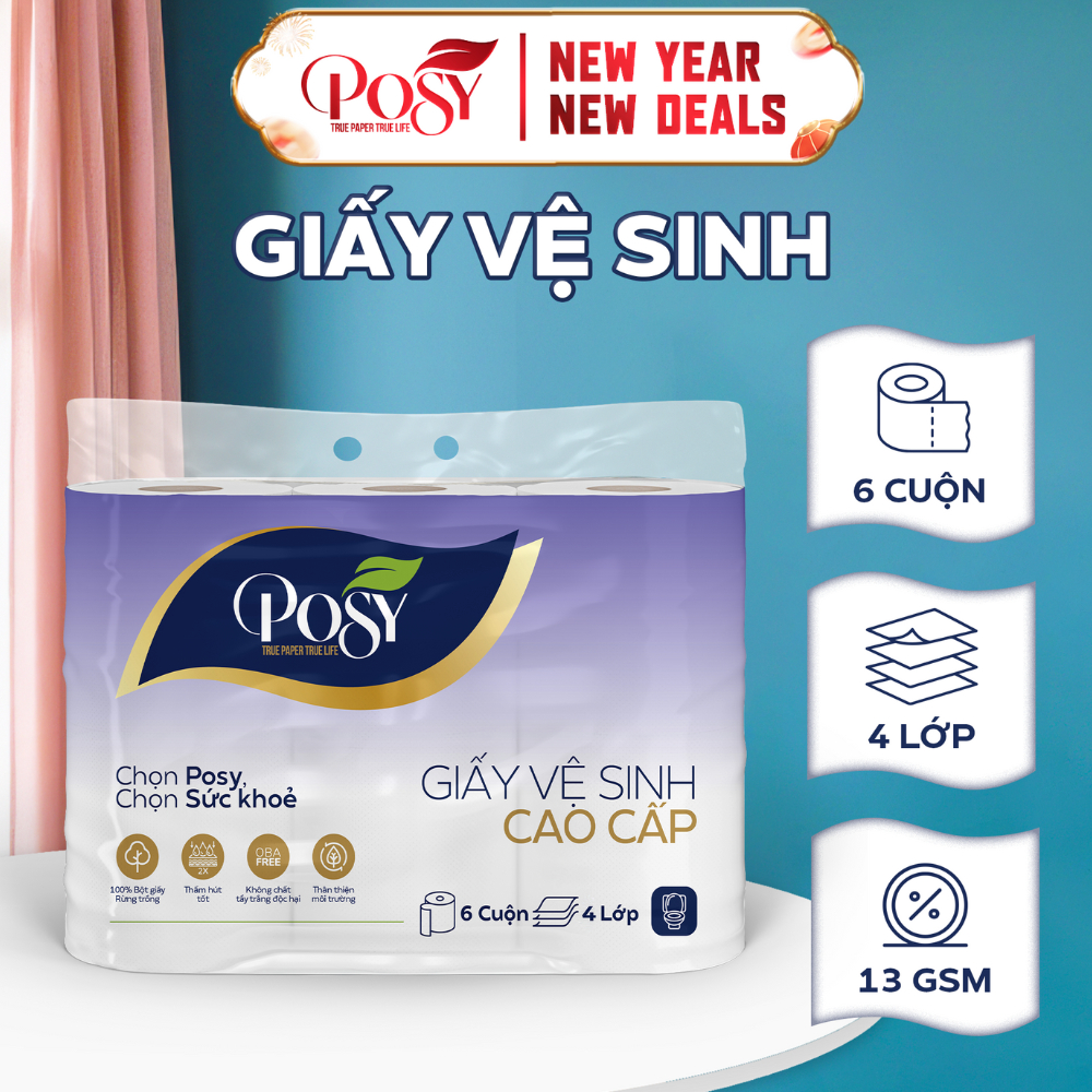 Combo 3 Bịch Giấy Vệ Sinh Posy 6 Cuộn 4 Lớp Mềm Mịn, Dày Thấm Hút Sử Dụng Cho Mọi Gia Đình
