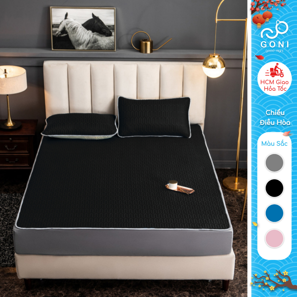 Chiếu điều hoà Goni màu đen vải lụa lõi cao su làm mát tự nhiên kèm vỏ gối 1m x 2m, 1m2 x 2m, 1m4 x 