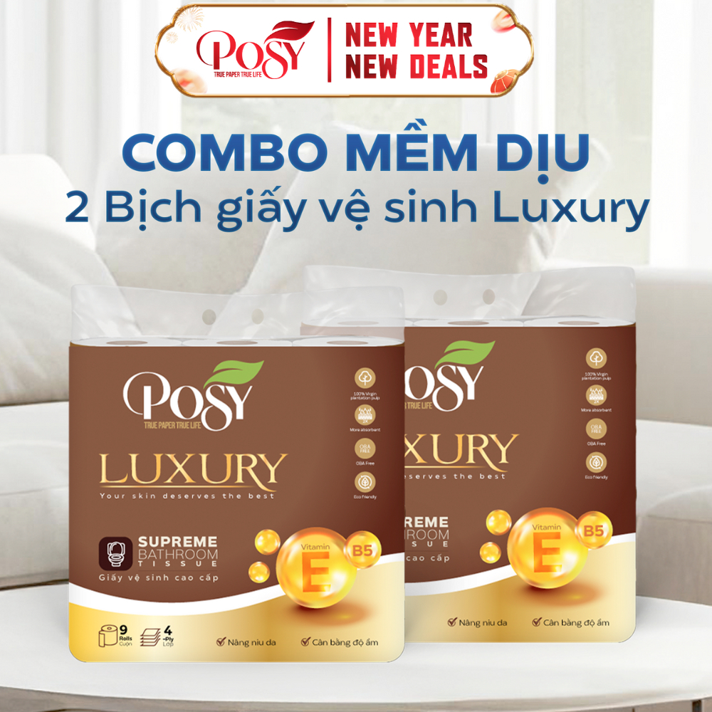 S6_COMBO 2 bịch giấy vệ sinh Posy Luxury 9 cuộn 4 lớp CÓ LÕI siêu mềm mịn êm ái, dày dặn hơn