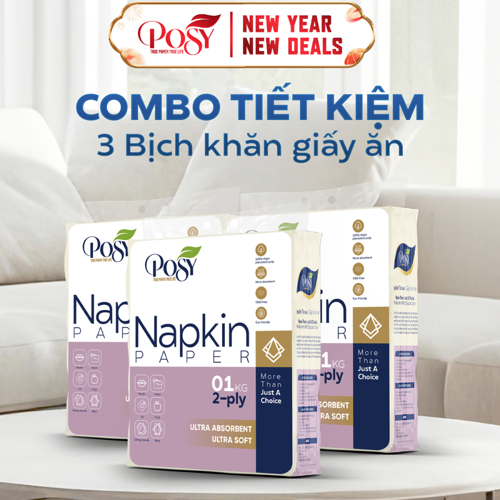 (S6) Thùng 3 bịch giấy ăn vuông Posy loại 1kg 2 lớp, dai, không mủn, dành cho nhà hàng, văn phòng, g