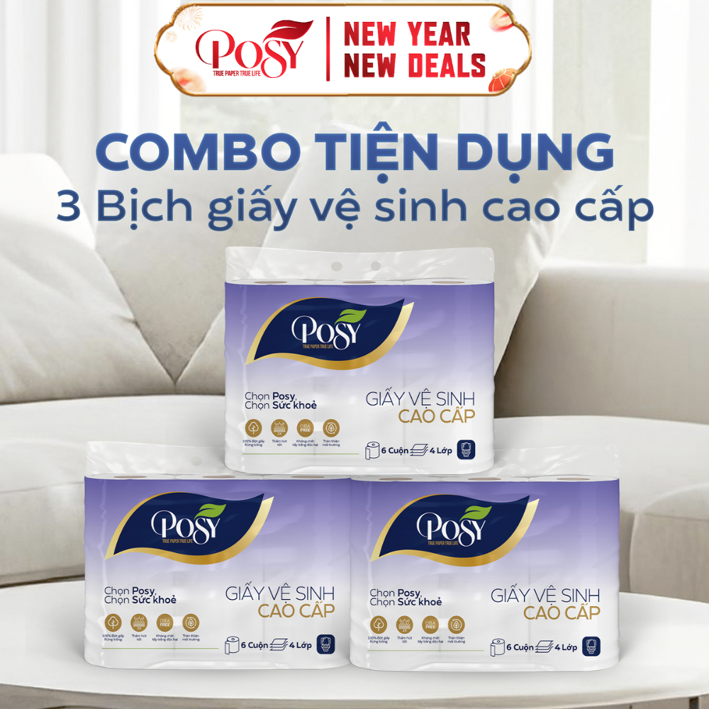 S6_COMBO 3 bịch GVS  6 cuộn 4 lớp cao cấp Posy mềm mịn, dày hơn, tiết kiệm hơn