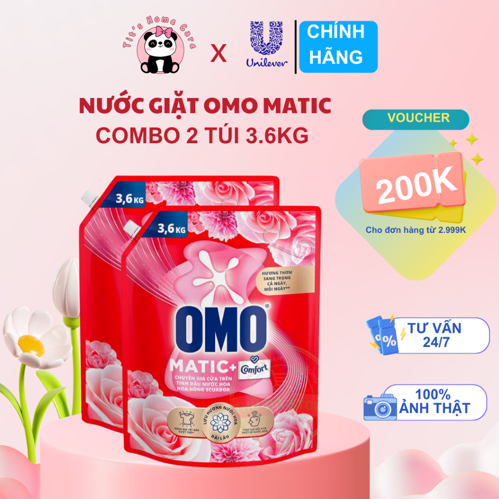 Combo 2 Túi Nước Giặt OMO Matic Cửa Trên Comfort Tinh Dầu Thơm Hoa Hồng Ecuador - 2 Túi 3.6KG