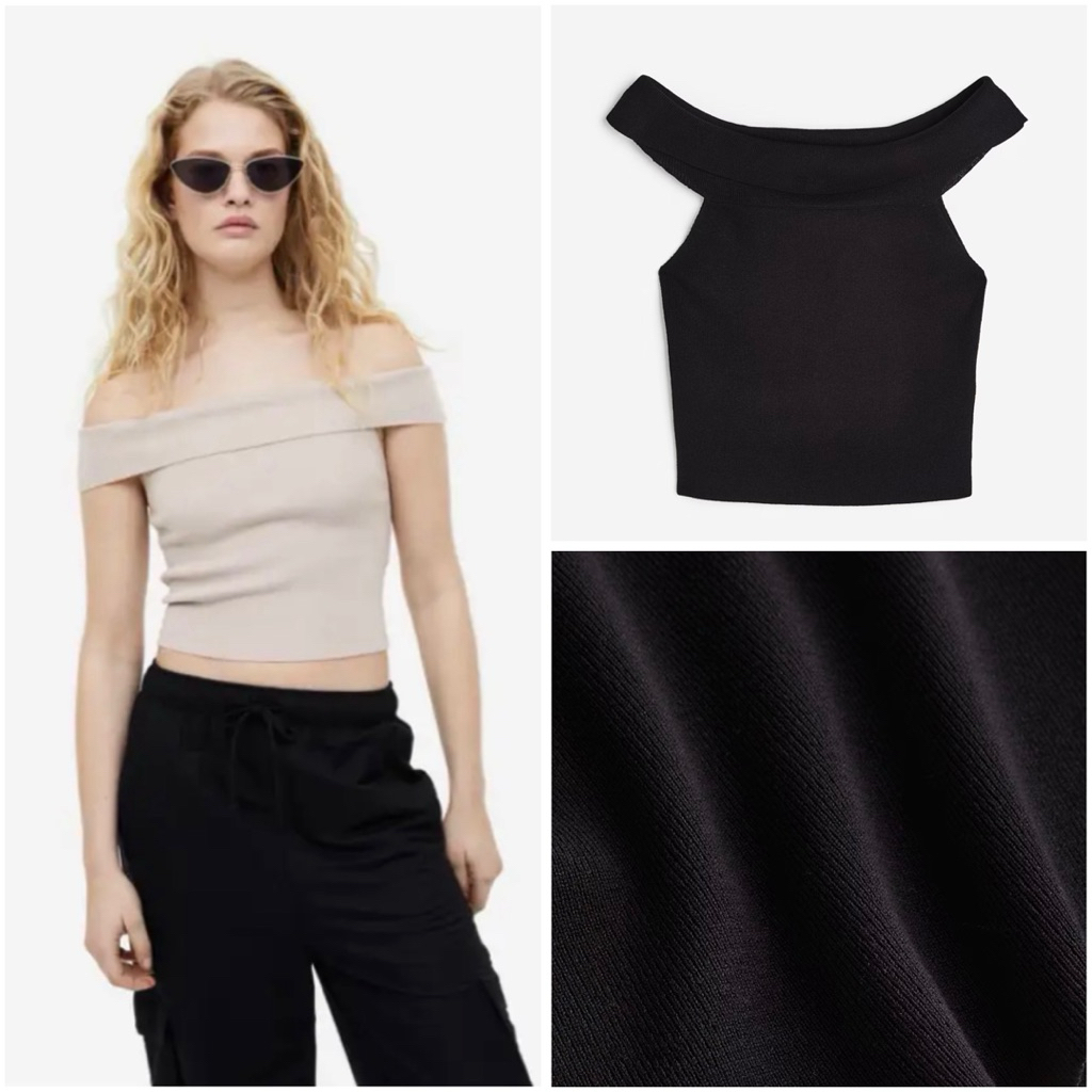 [AUTH] Áo croptop H&M DIVIDED thun cotton gân tăm ôm body trễ vai đen trơn
