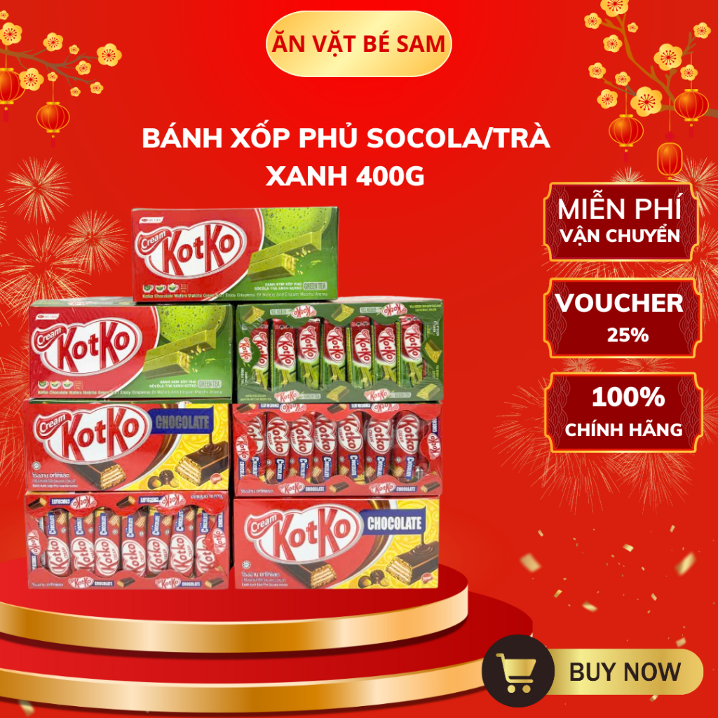 BÁNH KEM XỐP PHỦ SOCOLA/TRÀ XANH KOTKO FOODS HỘP 400G (24 cái nhỏ)
