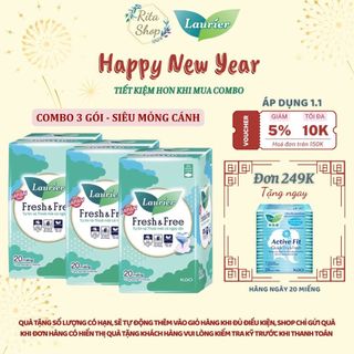   COMBO 3 GÓI BVS  Băng Vệ Sinh Laurier Fresh & Free Ban Ngày Siêu Mỏng Cánh 22cm 20 Miếng 