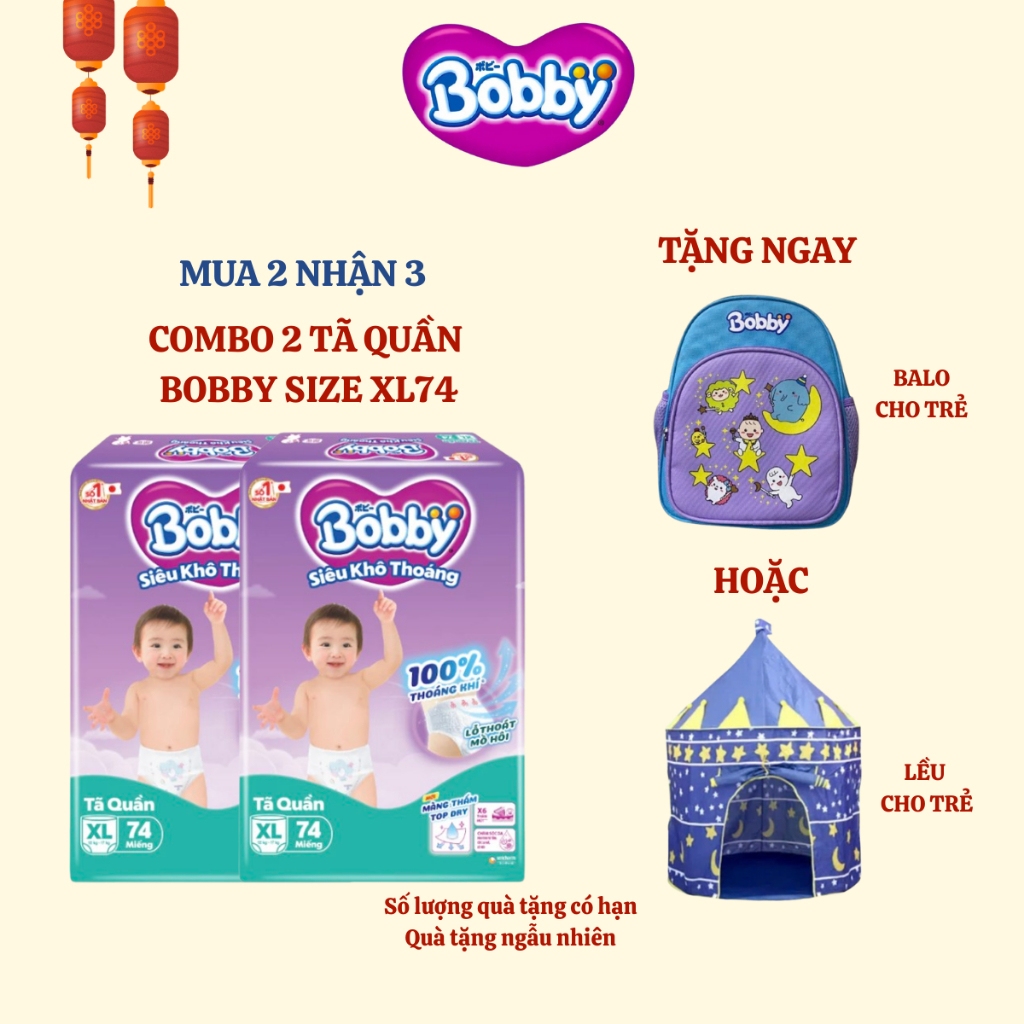 [BOBBY] COMBO 2 Tã quần Bobby Siêu Khô Thoáng size XL76 cho bé 12-17kg (nay đổi thành XL74 miếng)