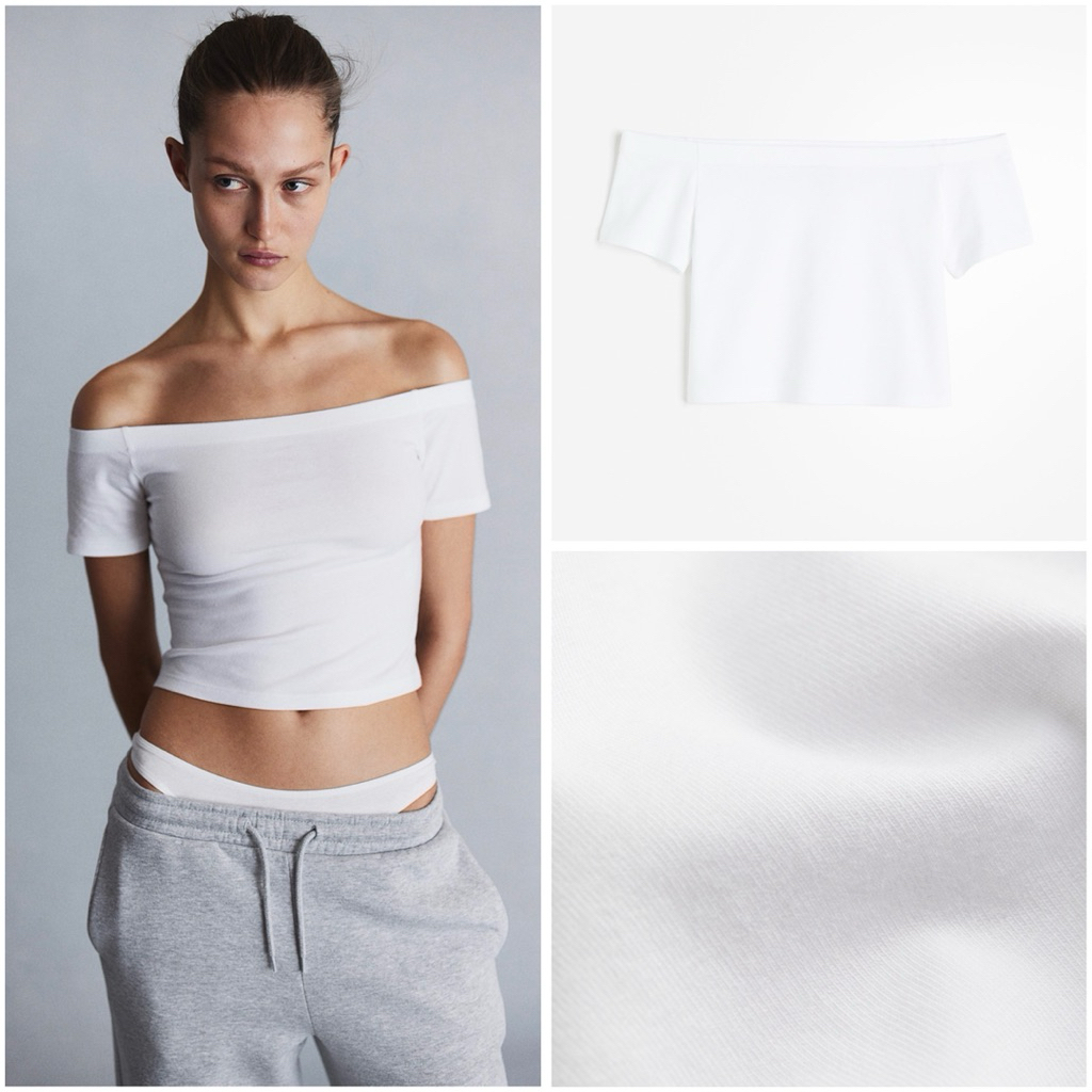 [AUTH] Áo croptop H&M DIVIDED Jersey trễ vai tay ngắn thun cotton trắng