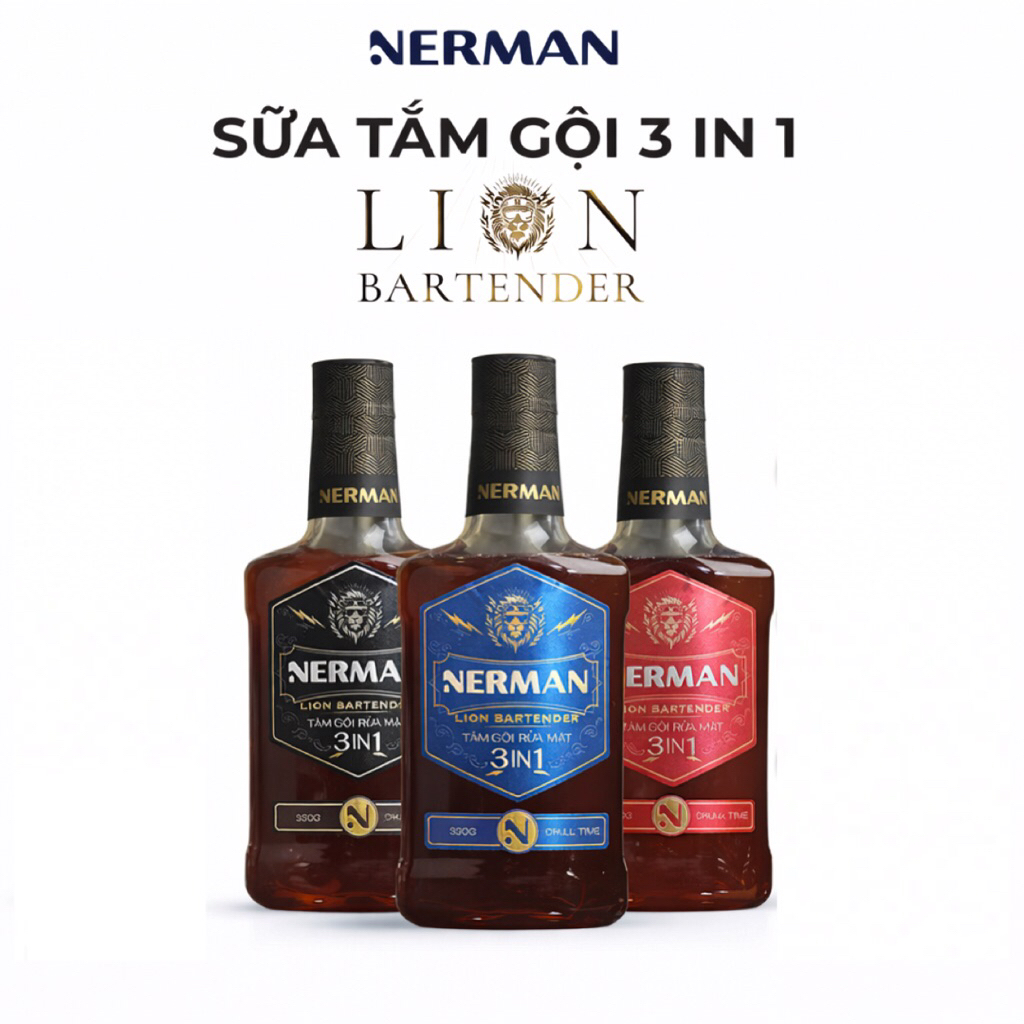 Sữa tắm gội rửa mặt 3in1 Nerman Lion Bartender 330g, Sữa tắm Lion