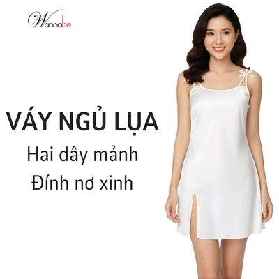 Đầm ngủ lụa satin Wannabe váy cổ tròn tinh tế, dây vai nơ xinh yêu, lụa cao cấp, mềm mại cho làn da