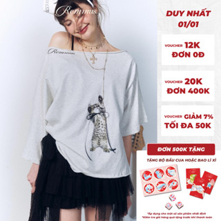  Cheeky Meow Top - Remmus | Áo trễ vai form oversize in mèo đính kèm kèm nơ 