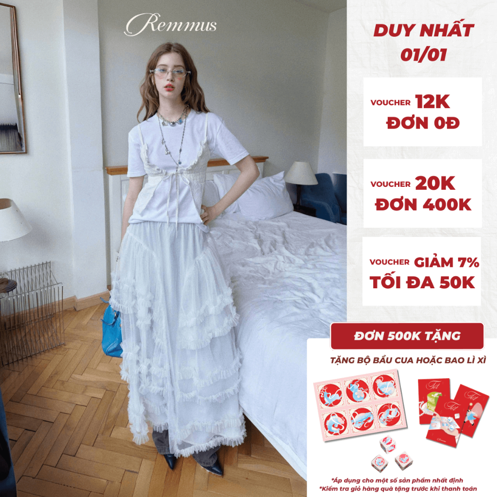 Claire Skirt - Remmus | Chân váy dài xếp tầng ren trắng dáng xoè cho nữ 