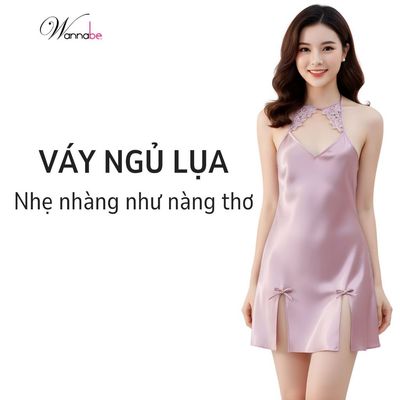 Đầm ngủ lụa WANNABE váy ngủ 2 dây cổ yếm lưng phối ren xinh xắn làm tăng nét nữ tính quyến rũ DNS43