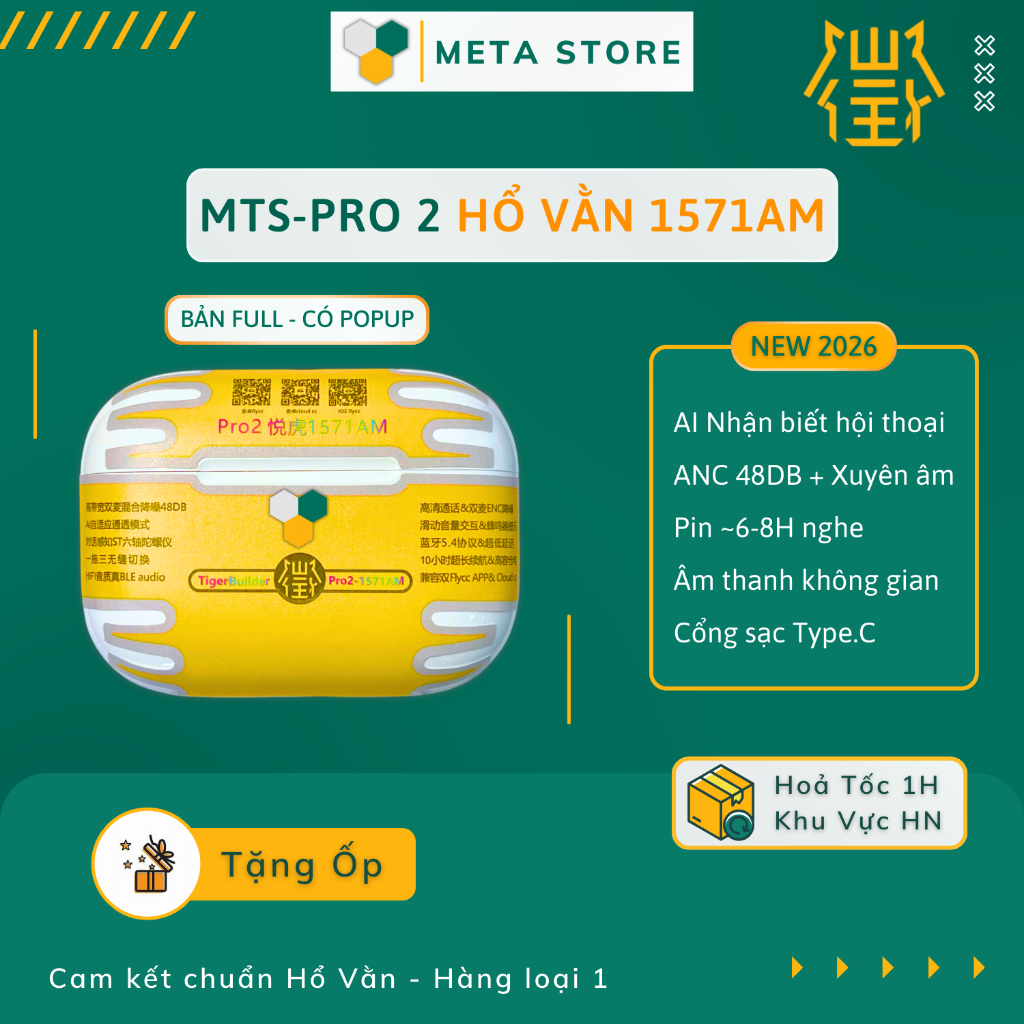 Tai Nghe Hổ Vằn 1571AM, Tai Nghe Bluetooth MTS-Pro 2 Chống Ồn ANC 48DB - Adaptive Nhận Biết Hội Thoạ