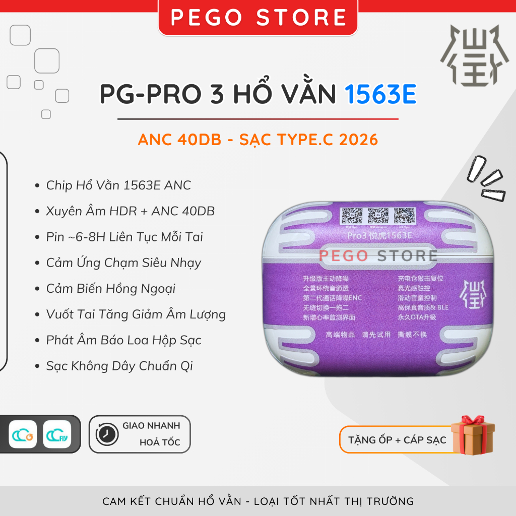 [ Pro 3 1563E ] Tai Nghe Hổ Vằn 1563E, Tai Nghe Bluetooth Pro 3 ANC 40DB, Xuyên Âm - Tăng Giảm Âm Lư