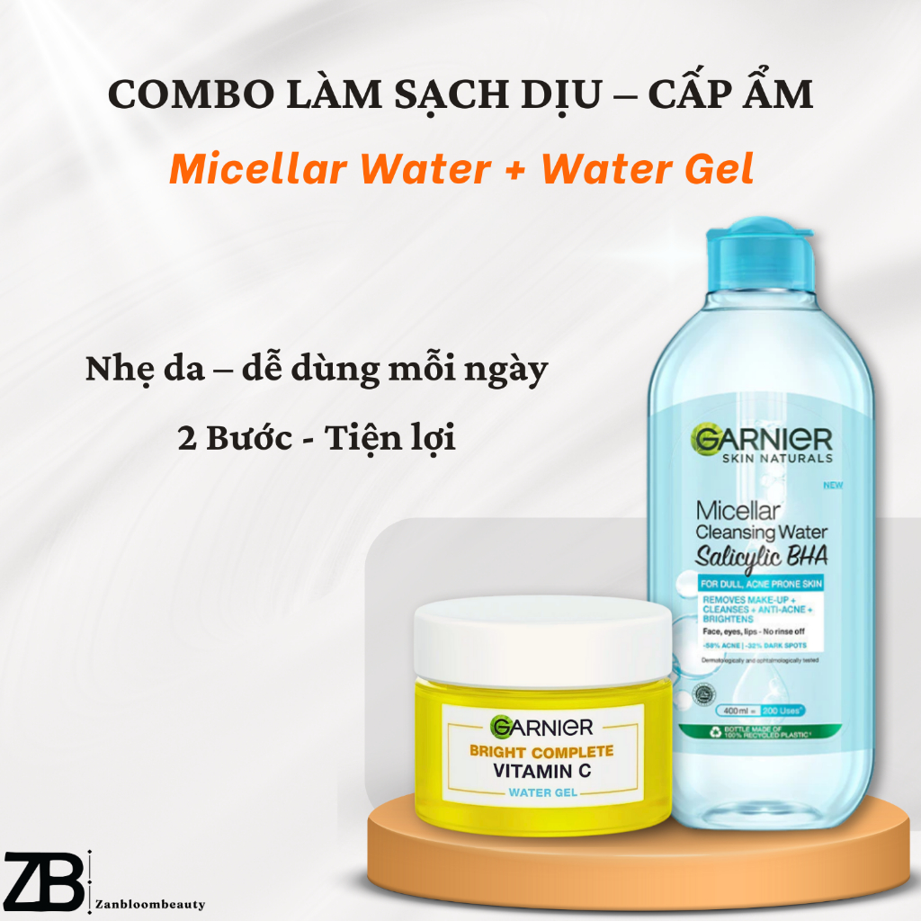 G5 – Combo Garnier Tẩy Trang + Water Gel – Làm Sạch Dịu Nhẹ, Cấp Ẩm 48H