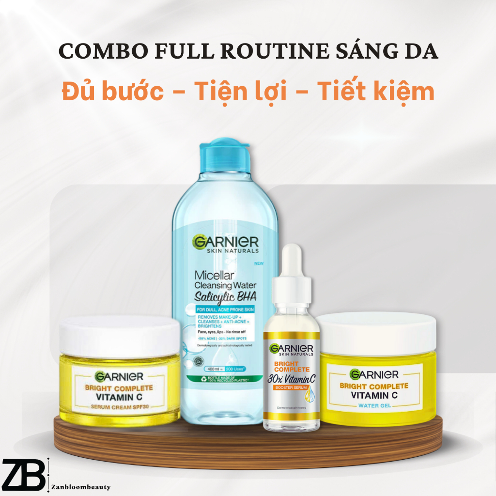 G6 – Combo Garnier Full Routine Sáng Da – Tẩy Trang + Serum Vitamin C + Water Gel + Kem SPF30