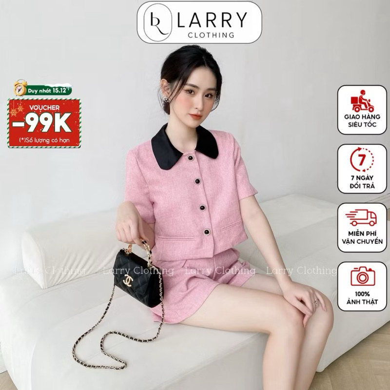 Set dạ tweed nữ thiết kế tay ngắn màu hồng cổ đen kèm quần short mặc mùa hè thời trang trang thiết L