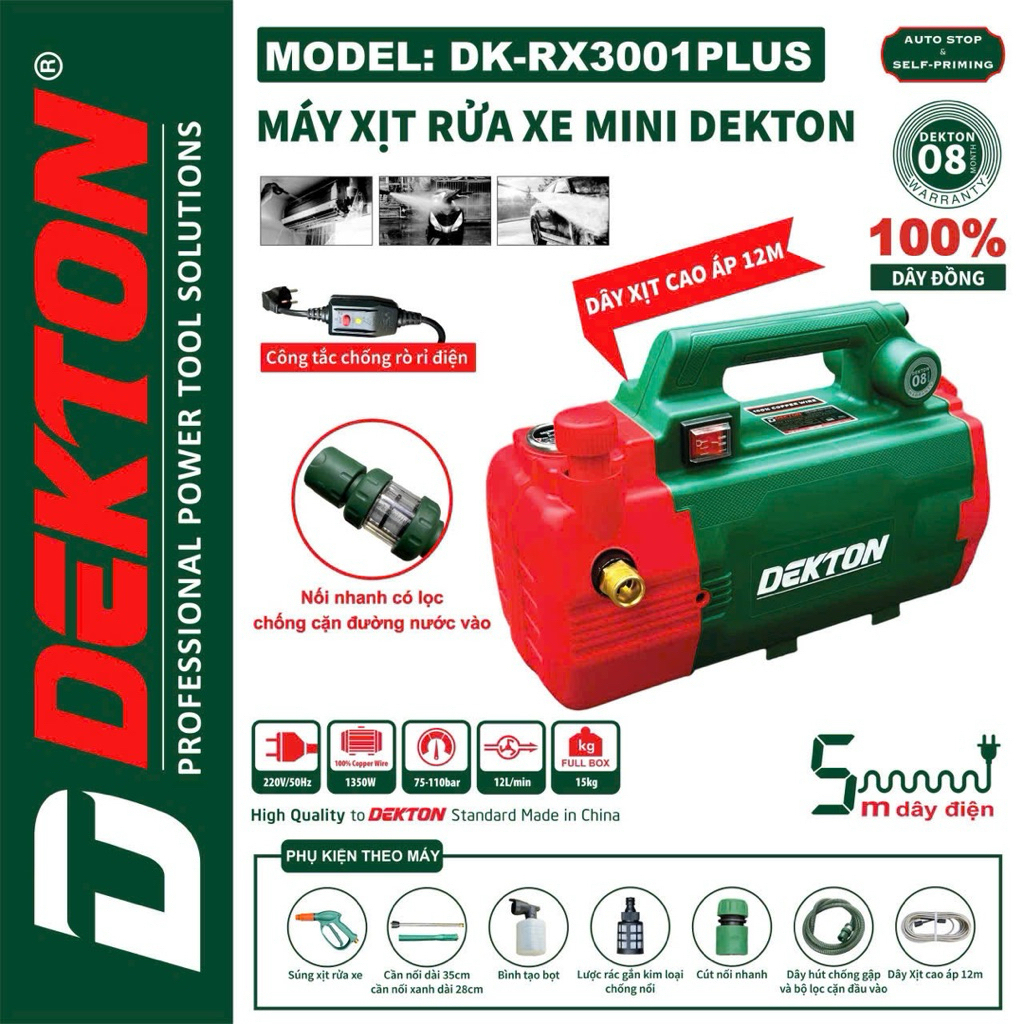 MÁY XỊT RỮAE MINI DEKTON DK-RX3001PLUS CÔNG TẮC CHỐNG RÒ RỈ ĐIỆN ,MOTƠ 100% DÂY ĐỒNG