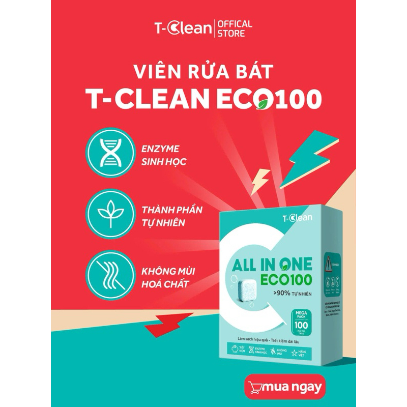 T-Clean Viên Rửa Bát All in one Eco100 – Hộp 100V ,Sạch Dầu Mỡ,Không Mùi, Tiết Kiệm Cho Máy 12–14 Bộ