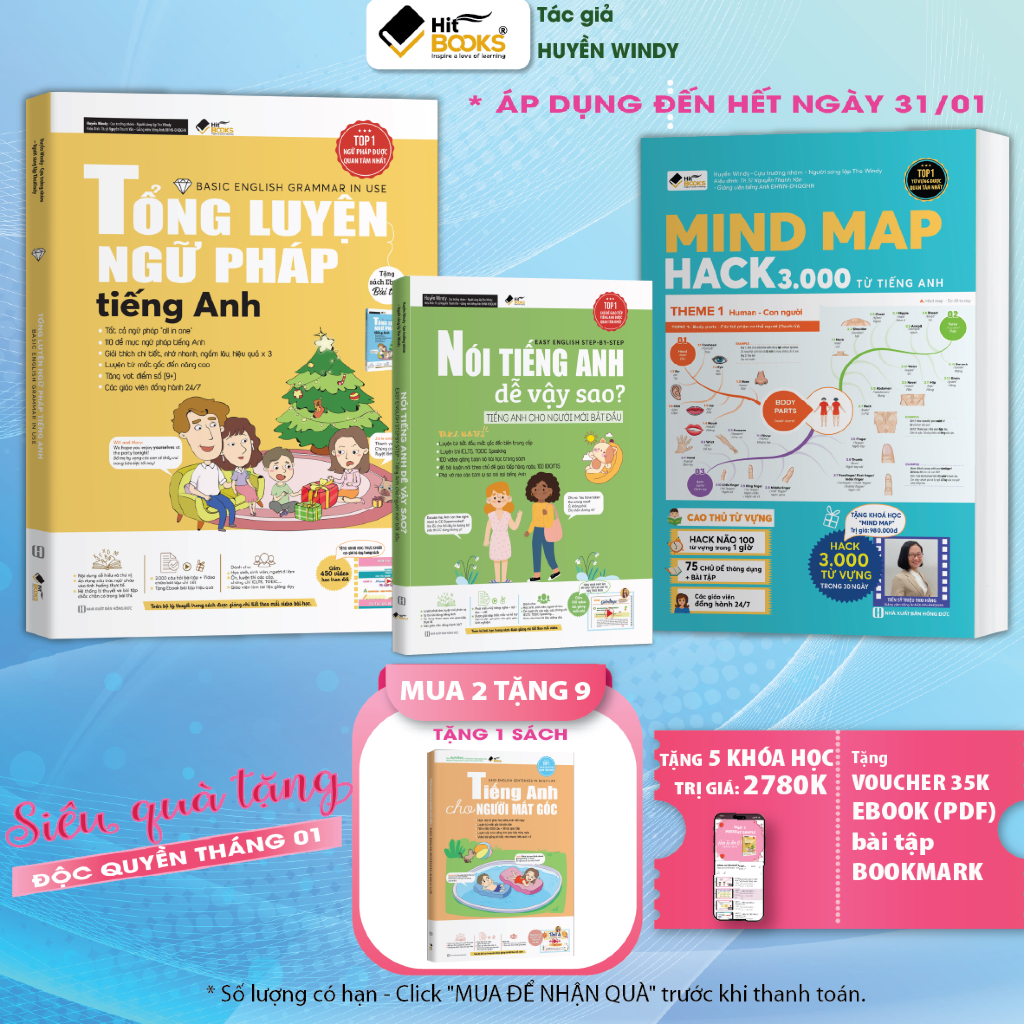COMBO 3 Sách Nói TA Dễ Vậy Sao, Mindmap 3000 từ vựng, Tổng Luyện Ngữ Pháp tặng khoá học Hibooks