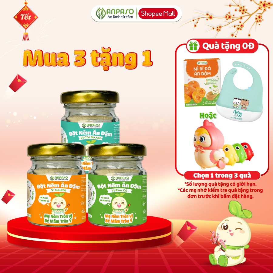Combo 3 Bột Nêm Ăn Dặm Anpaso Cho Bé: Rau Củ, Nấm Hương, Cà Rốt, Măng Tây, Cải Bó Xôi và Rong Biển 60g