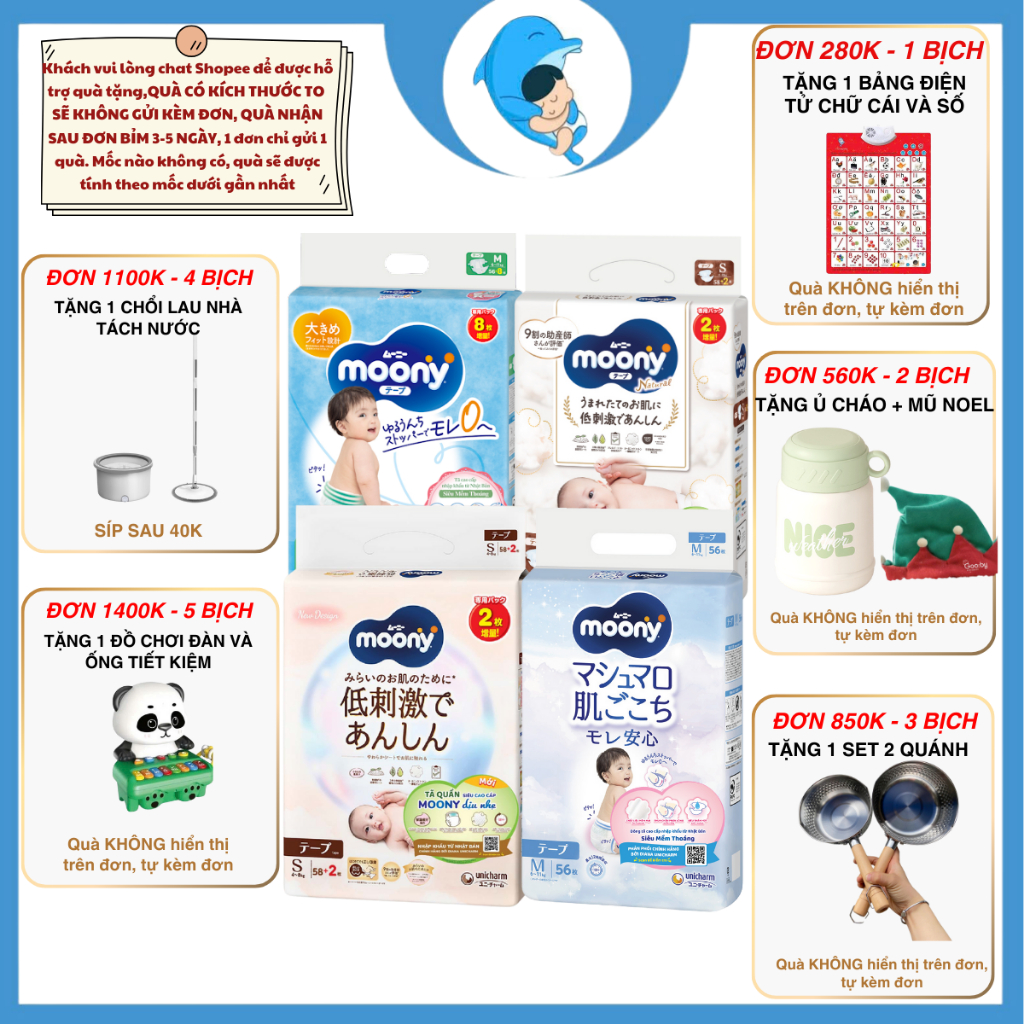   SP có voucher Live X  Bỉm dán quần Moony Natural  Moony Blue siêu cao cấp size NB62 S60 M46 XL32 cho bé 0- 22kg MECAHEO 