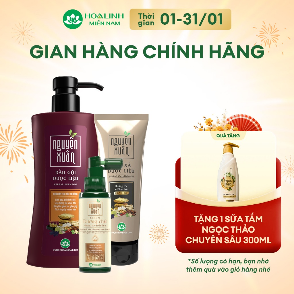 Combo Dầu gội Nguyên Xuân nâu 350ml KM 35ml+ Dầu xả Nguyên Xuân 150ml + Serum Nguyên Xuân 75ml KM 15