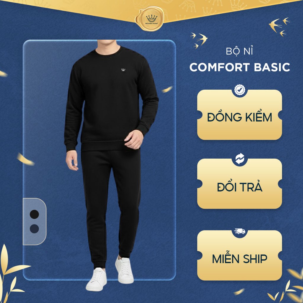 Bộ Nỉ Nam Comfort Basic Richard Adam Vải Cotton Mềm Mại, Co Giãn Thoải Mái, Cổ Dệt Tròn, Thể Thao, K
