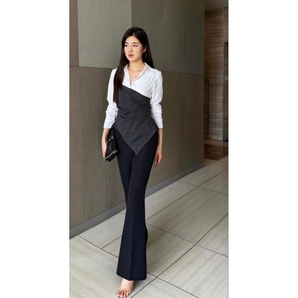 Thanh lý Áo sơ mi kiểu phối kẻ sọc Gyo made