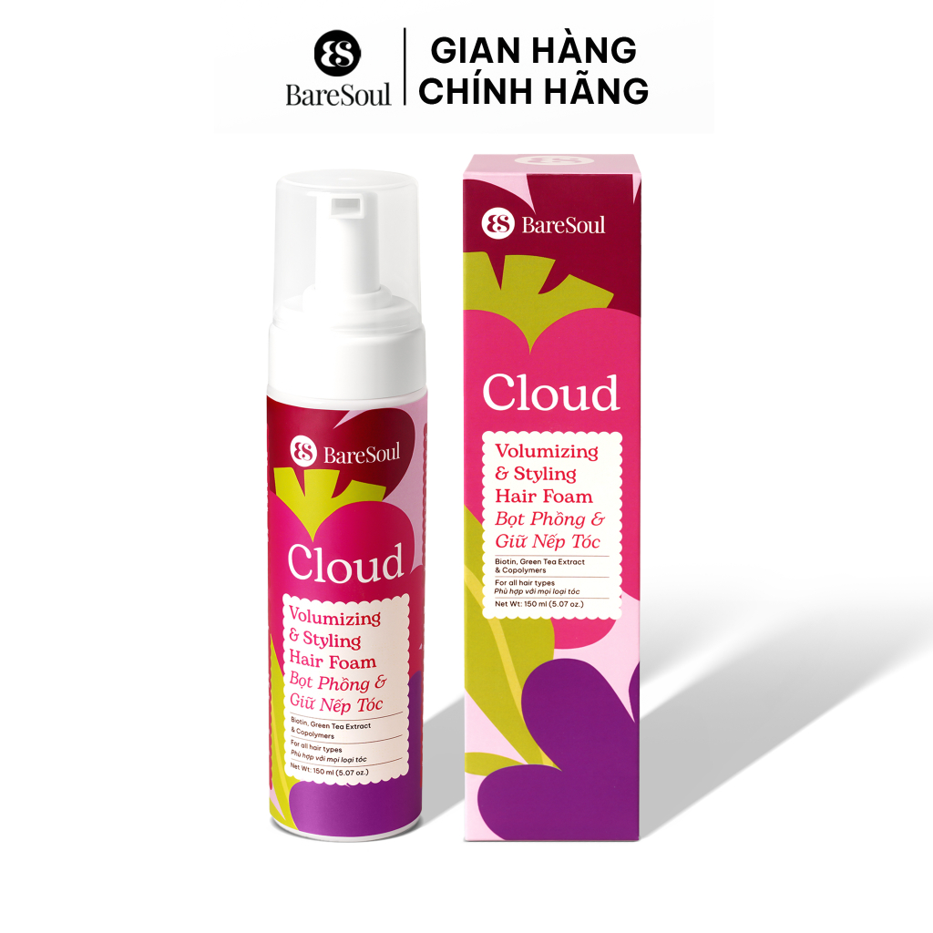 [TẶNG LÓT BẢO HIỂM] Bọt xịt phồng và giữ nếp tóc 18 tiếng BareSoul Cloud Styling Hair Foam 150ml (ba