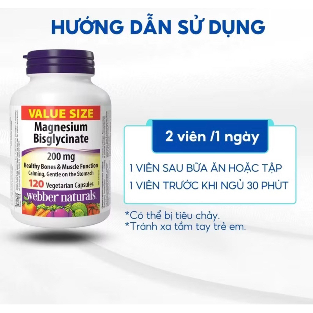 [Nhập Khẩu] Webber Magnesium Bisglycinate 200mg 120V Bổ sung magie hỗ trợ giấc ngủ, cơ bắp khỏe mạnh