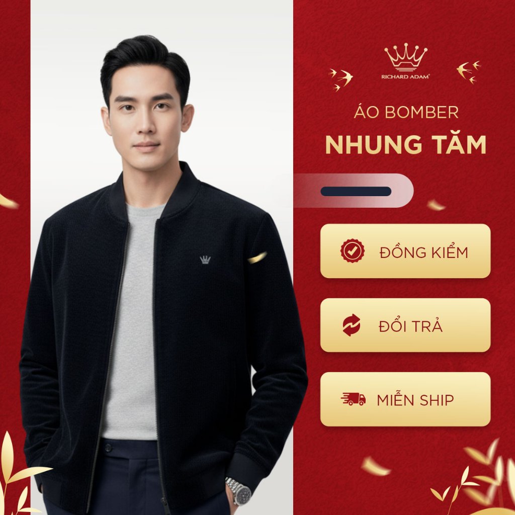 Áo Khoác Bomber Nhung Tăm Richard Adam, Cổ Bomber, Mềm Mại, Ấm Áp, Giữ Nhiệt, Cản Gió, Trẻ Trung, Hi