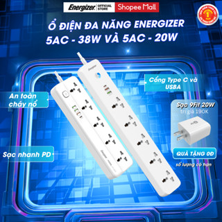  Ổ điện đa năng Energizer 5AC kèm 3USB-A và 1USB-C sạc nhanh PD 20W 38W - Chính hãng Bảo hành 1 năm 