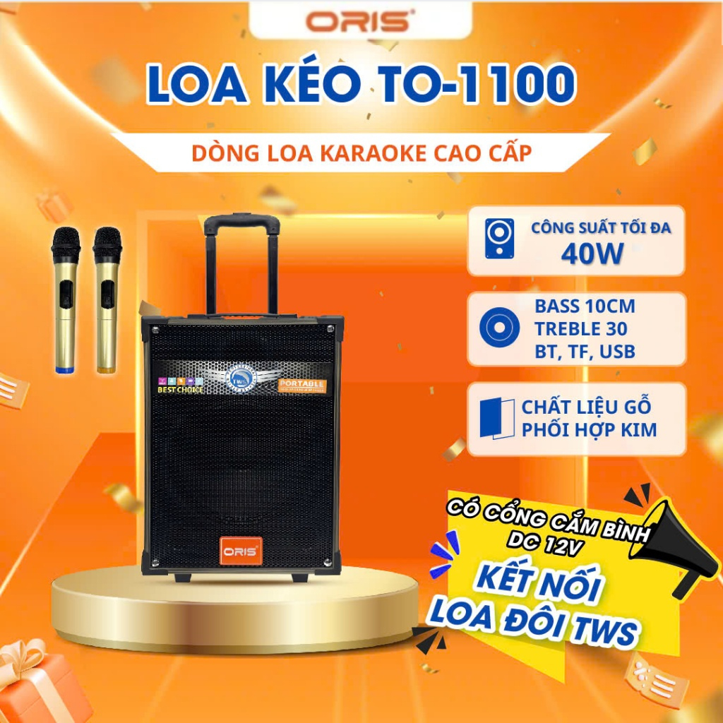 Loa Kéo karaoke blutooth chính hãng ORIS TO-1100 BASS công suất lớn, loa kéo tặng kèm 02 mic sóng UH