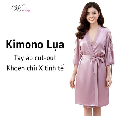 Áo choàng ngủ WANNABE áo khoác ngủ kimono lụa xẻ sườn cánh tay đan khoen xxx cột nơ xinh xắn KIS33