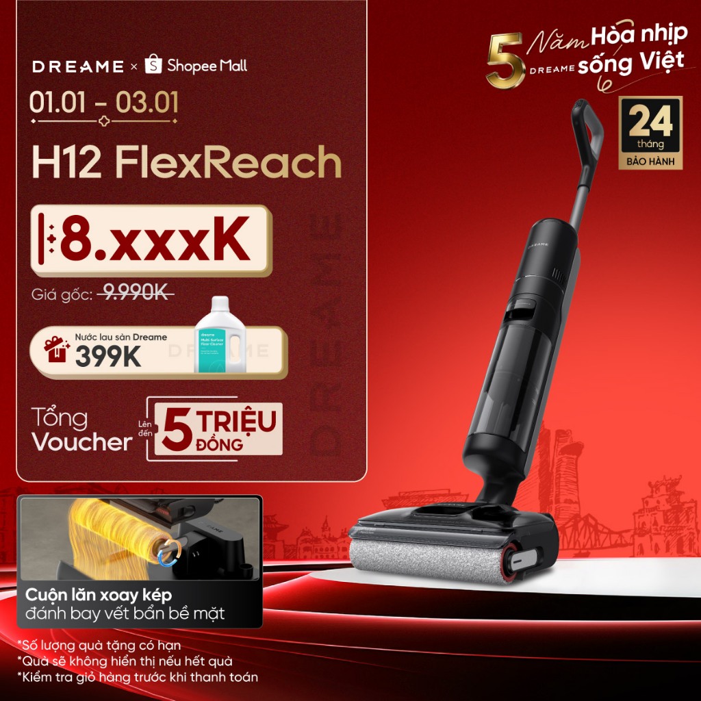  Dreame H12 FlexReach Máy hút bụi lau sàn không dây | lực hút 18.000Pa | giặt nóng giẻ lau 90° | BH 24 tháng 
