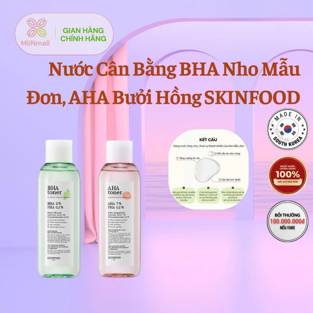 Nước Cân Bằng BHA Nho Mẫu Đơn, AHA Bưởi Hồng SKINFOOD AHA, BHA Toner 200ml