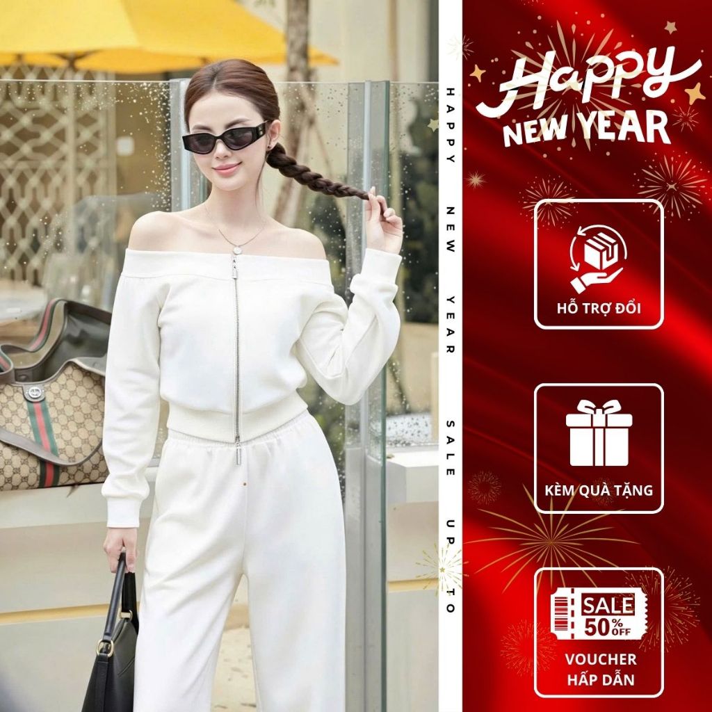 Set áo trễ vai phối quần ống rộng EMILI Lux bộ áo tay dài phong cách năng động B181