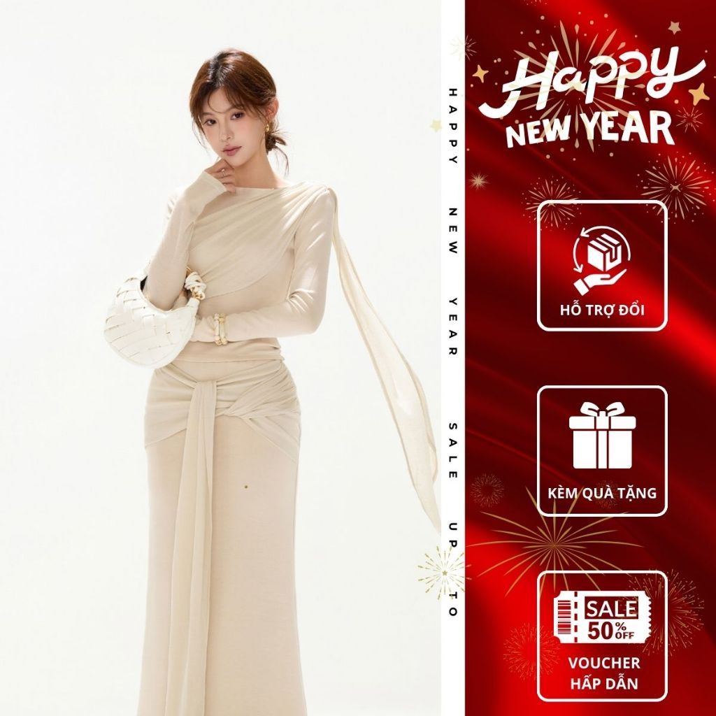 Đầm dự tiệc body dáng dài chiết eo nhún vạt dài Emili Lux set váy nữ ôm body thiết kế thướt tha B175