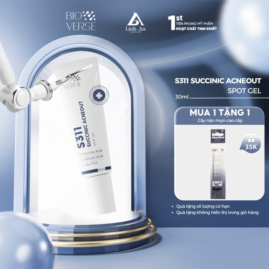 Gel chấm mụn 3%Succinic acid +1% Salicylic Acid hỗ trợ giảm khuẩn se còi mụn Bioverse S311 Succinic 