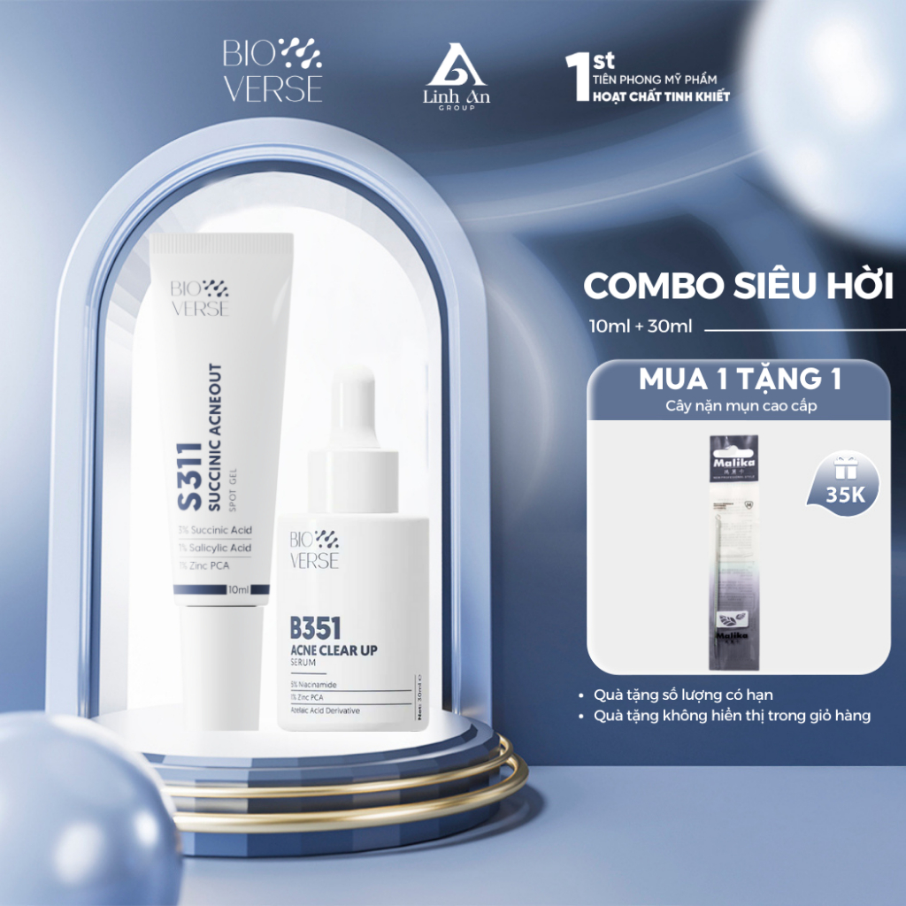 Bioverse Combo Da Mụn S311 Succinic Acneout 10ml & B351 Acne Clear Up Serum 30ml