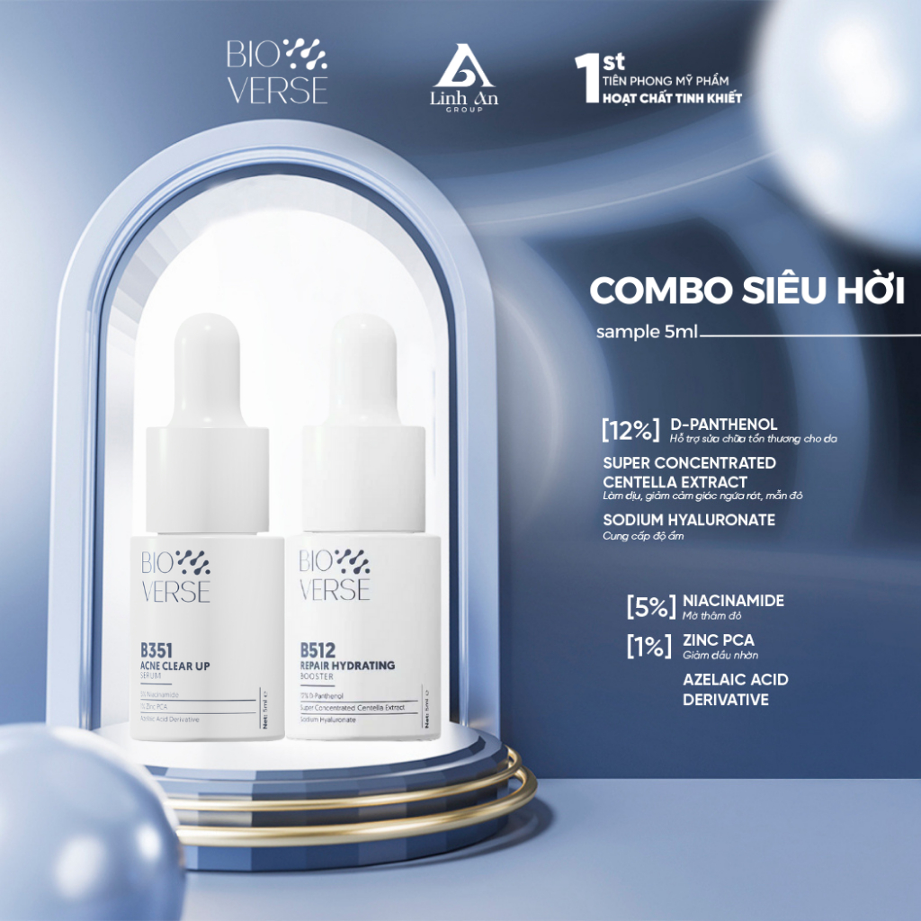 Bộ đôi Samole 5ml Phục hồi & Sáng mịn da (B512 Repair Hydrating Booster + B351 Acne Clear up Serum)