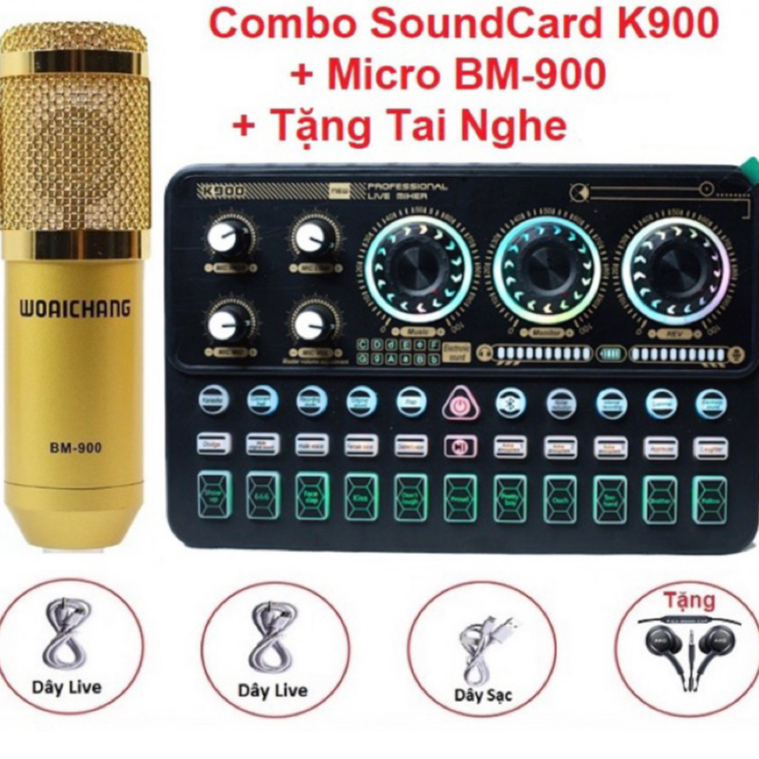 Combo Bộ SoundCard K900 Bluetooth, Micro WoaiChang BM900, Tặng Kèm Tai Nghe Nhét Tai