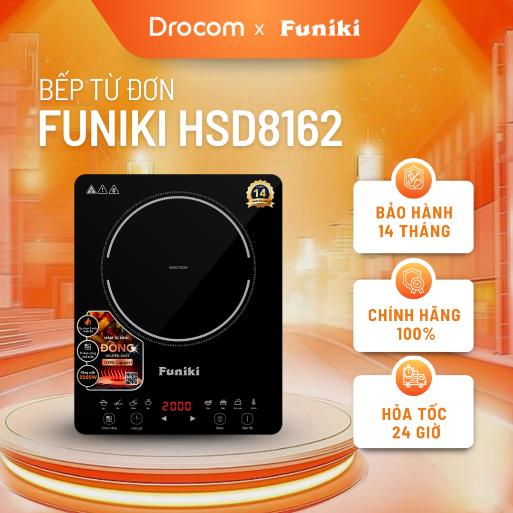 Bếp điện từ đơn Funiki HSD8162 công suất 2000W bep tu don kích thước siêu mỏng có khóa an toàn bảo v