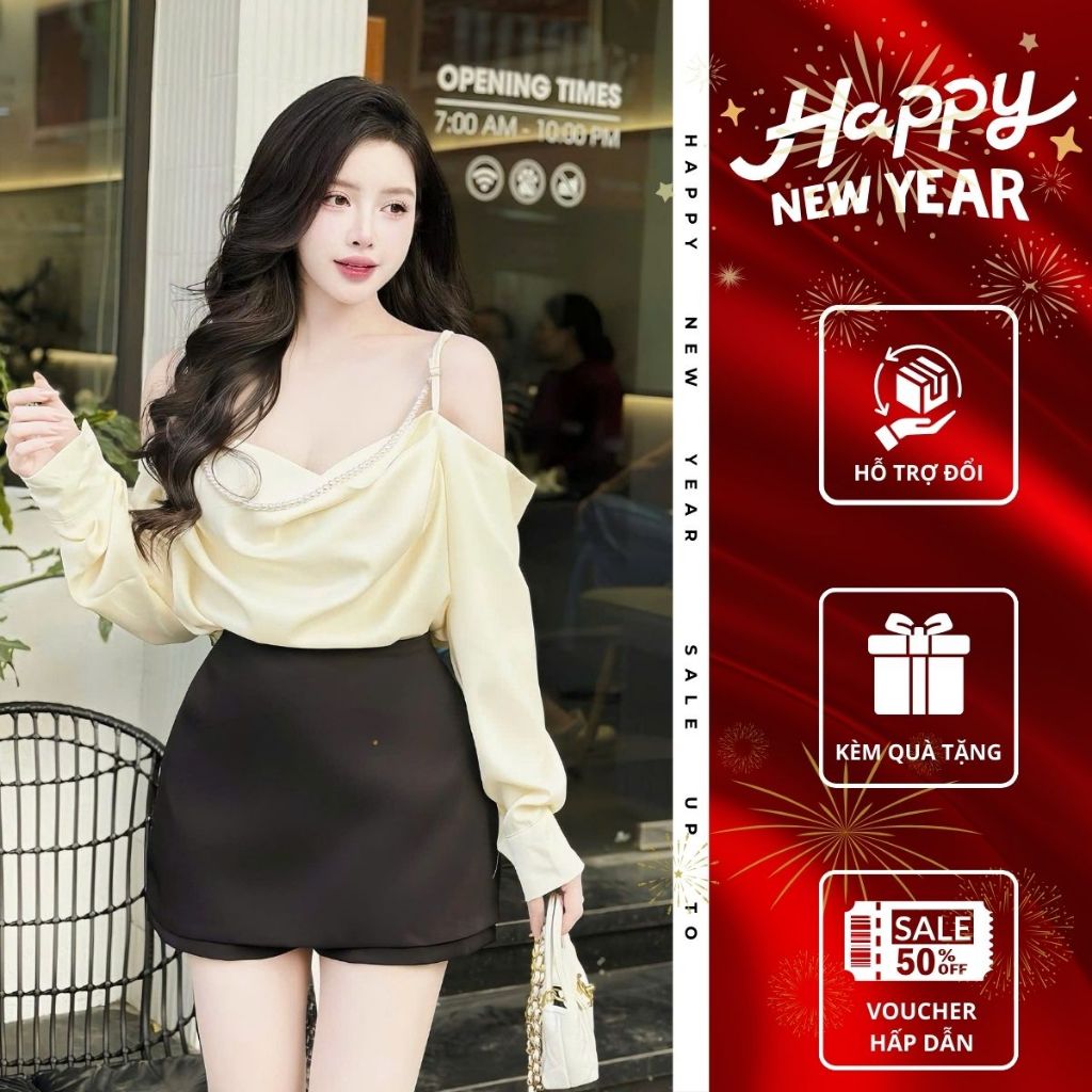 Áo trễ vai dài tay phối ngọc trai Emili Lux áo trễ vai mùa thu phong cách Hàn Quốc đi chơi [A85]