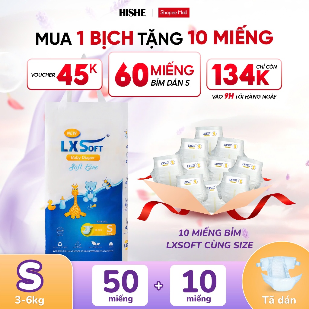 [ Tặng 10 miếng] Bỉm Lxsoft DÁN mỏng nhẹ, mềm mịn, thấm hút tốt, chống hăm cho bé yêu