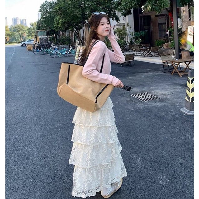 Chân váy ren Erebos dáng dài xòe xếp ly thời trang cạp cao nhẹ nhàng