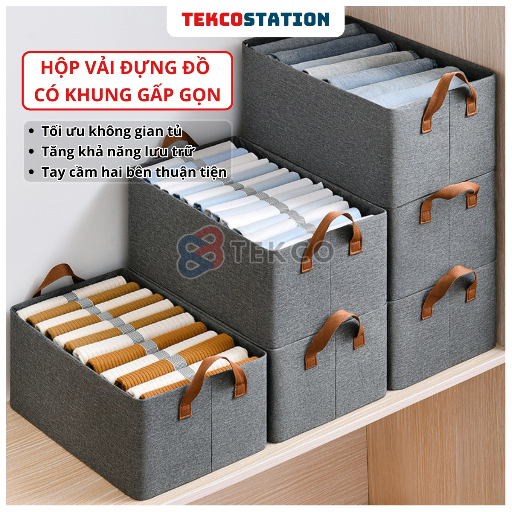 Hộp Vải Đựng Đồ Khung Thép Gấp Gọn (25L) - Giỏ Để Quần Áo, Chăn Màn, Đồ Dùng Có Tay Cầm