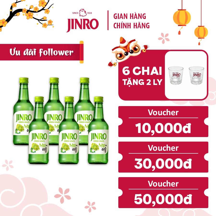 [CHÍNH HÃNG][HỎA TỐC 24H] Soju Hàn Quốc JINRO VỊ NHO - Combo 6 chai 360ML 13%
